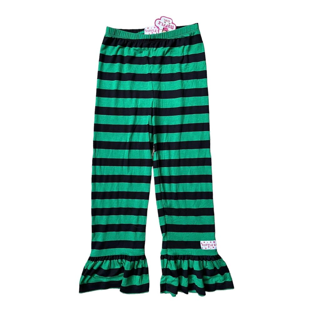 Ruffle Girl Black & Green Striped Pull On Pant Lightweight Ruffle Hem Girl 8 NEW